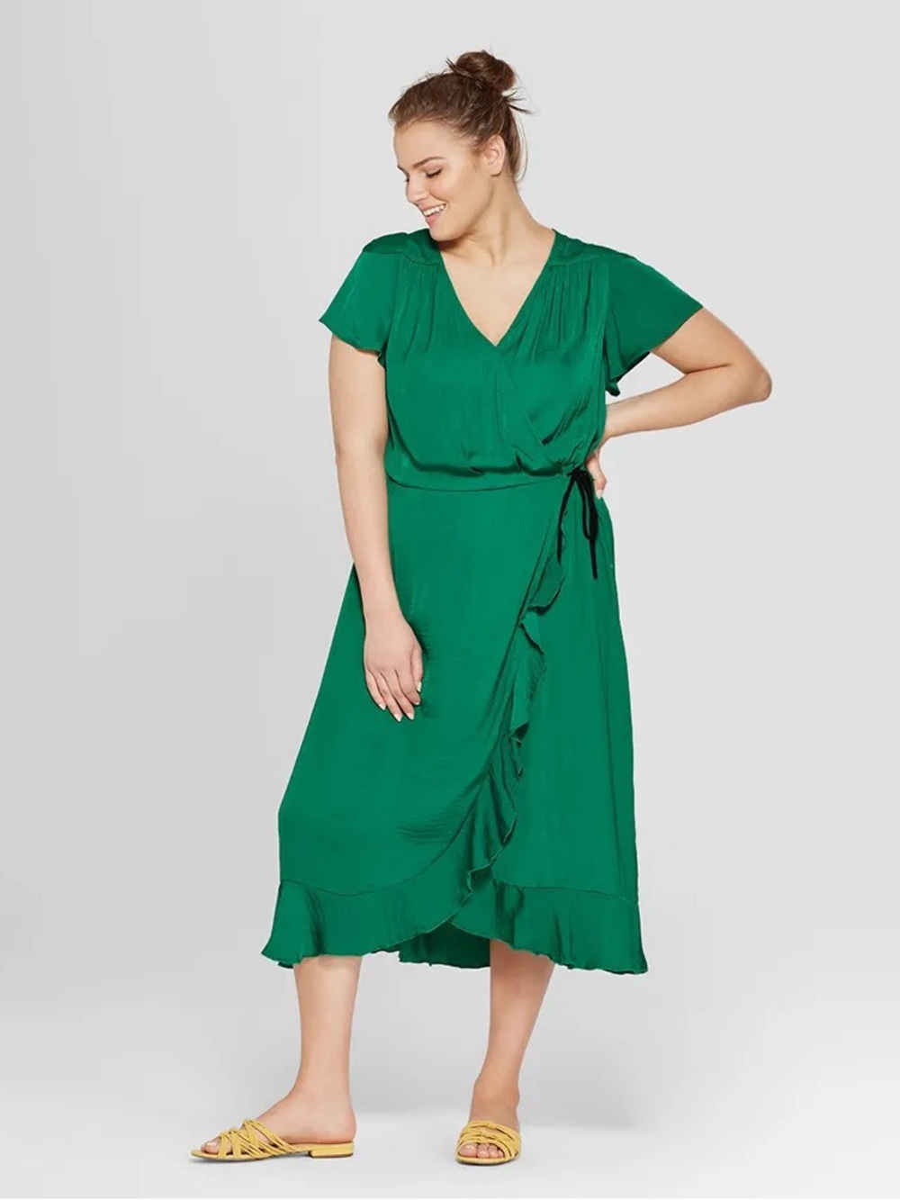 Who What Wear Short Flutter Sleeve Wrap Midi Dress Emerald Green Size Large
